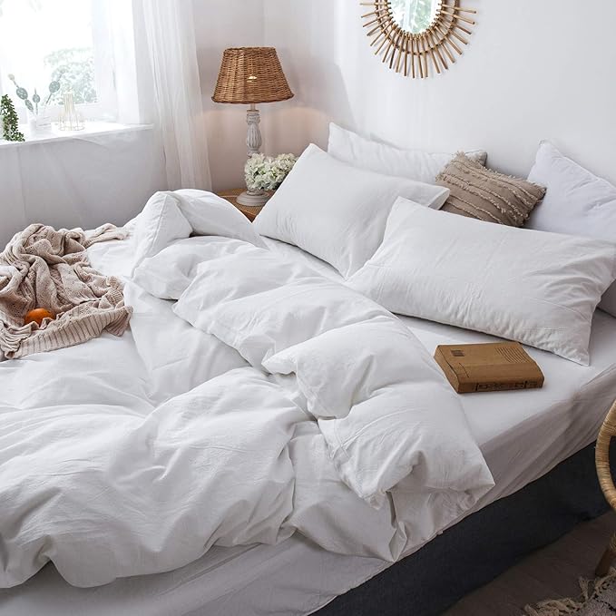 MooMee Bedding Duvet Cover Set 100% Washed Cotton Linen Like Textured Breathable Durable Soft Comfy (Solid Off White, Alaska King 132"x120")