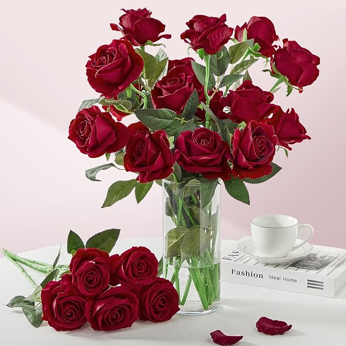Serwalin 20pcs Red Roses Artificial Flowers, 4'' Big Velvet Flower Head Fake Roses, Realistic Silk Roses Bouquet Long Stems for Wedding Home Decor and Table Centerpiece