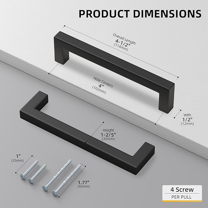 Goldenwarm 2 Pack Black Square Bar Cabinet Pull Drawer Handle Stainless Steel Modern Hardware for Kitchen and Bathroom Cabinets Cupboard,Center to Center 4in(102mm) Cabinet Handles
