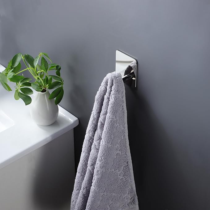 DELITON Towel Hooks for Bathrooms - 4 Pack Wall Hooks for Hanging Heavy Duty Adhesive Command Hooks for Coat Robe, Waterproof Shower Hooks Stainless Steel Mirror, Silver