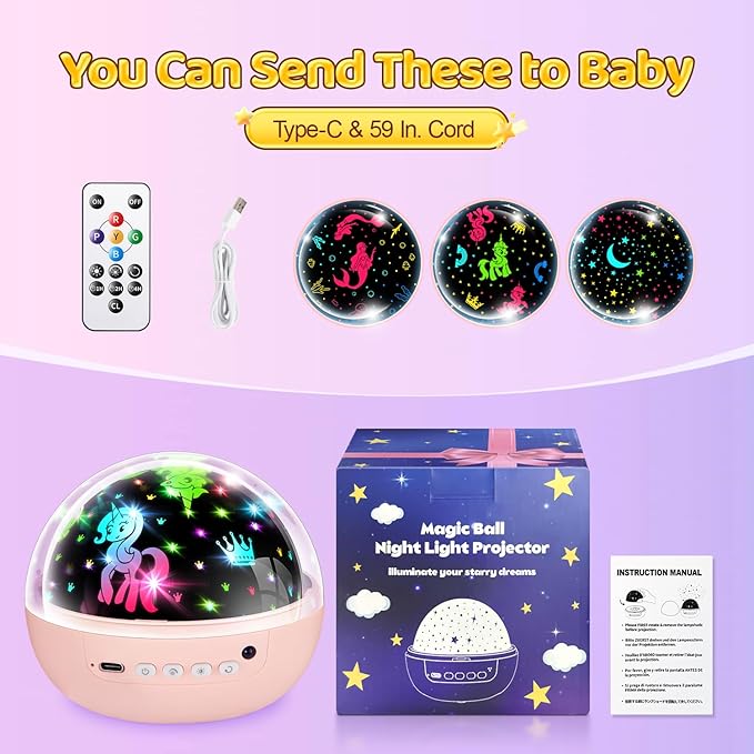 COOLNIGHT Kids Night Light Projector, [93 Lighting+3Films+Remote] Star Projector for Kids, 3 Brightness+3 Timer Star Lights for Bedroom, 360°Rotate + Quieter Stars for Ceiling, Girls Night Light,Gift
