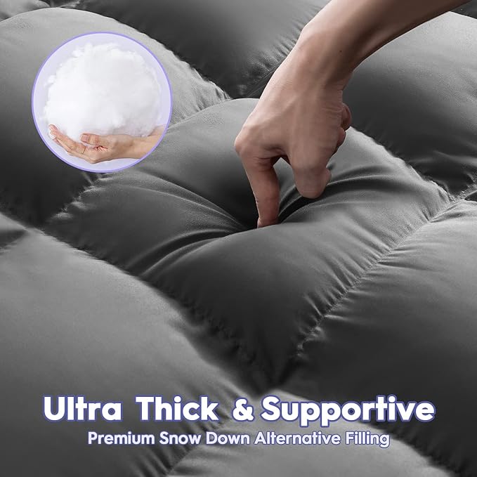 ABENE Mattress Topper for Back Pain Relief, Extra Thick Mattress Pad Pillowtop, Soft Mattress Protector Cover with 8"-21" Deep Pocket, Overfilled Down Alternative Filling (Gray, Full XL)