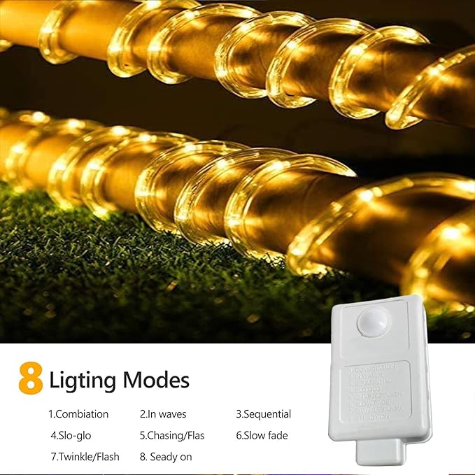 100ft LED Rope Lights Outdoor, 720 LED Connectable and Flexible Tube Lights with 8 Modes, Waterproof LED Rope Lighting for Garden, Patio, Pool, Bedroom, Party, Indoor Outdoor Decoration (Warm White)