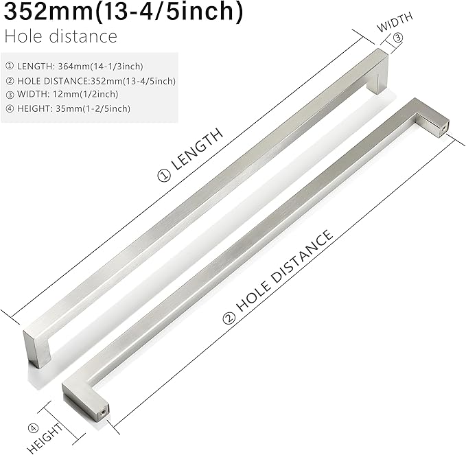 Cabinet Pulls Brushed Nickel Cabinet Handles Square Drawer Pulls, 5 Pack 13-4/5 Inch Stainless Steel Kitchen Door Cupboard Cabinet Handles, Cabinet Hardware Drawer Handles, 352mm Hole Centers