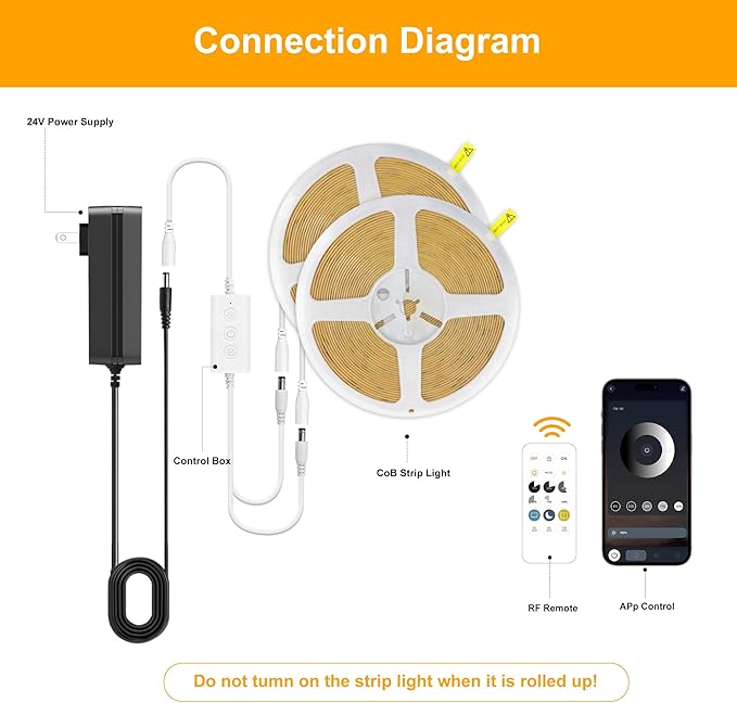 COB LED Strip Lights Warm White,24V Dimmable led Light Strip KIT with Remote and app Control,3000K 32.8FT/2 * 5m 8mm Wide Ra>90 Cuttable Flexible Strip Lights for Bedroom,Shelf,Cabinet