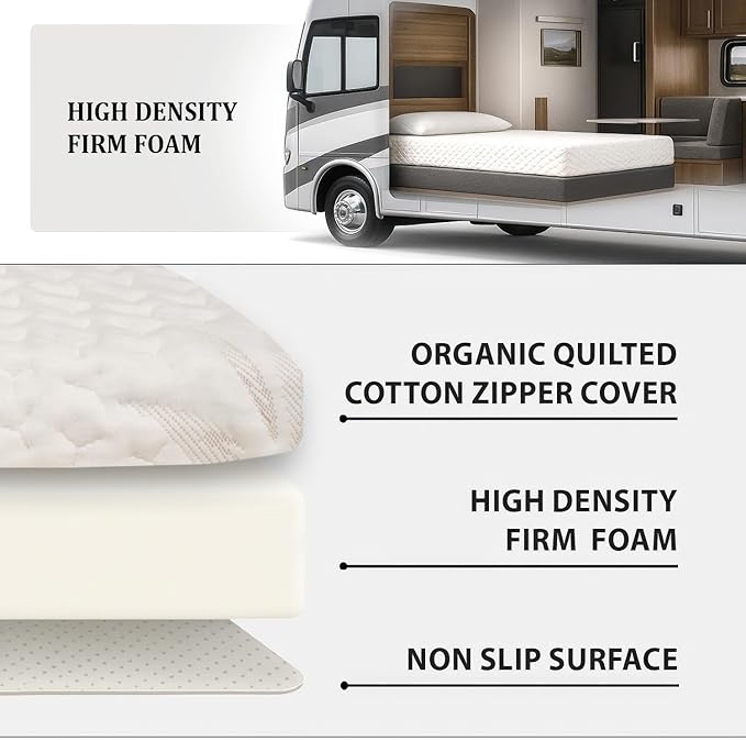 Foamma 3” x 32” x 75” Camper/RV Travel High-Density Foam Bunk Mattress, Organic Cotton Cover, Made in USA, Comfortable, Travel Trailer, CertiPUR-US Certified