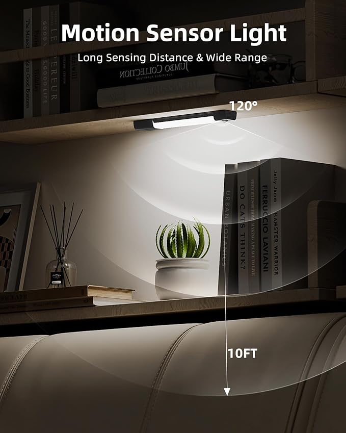 EZVALO Under Cabinet Lighting, Wireless Closet Lights, 50 LED Rechargeable Motion Sensor Light, Dimmable, 3 Color Temperatures, 11.8 in Counter Lights for Kitchen, Pantry, Wardrobe (3 Pcs, Black)