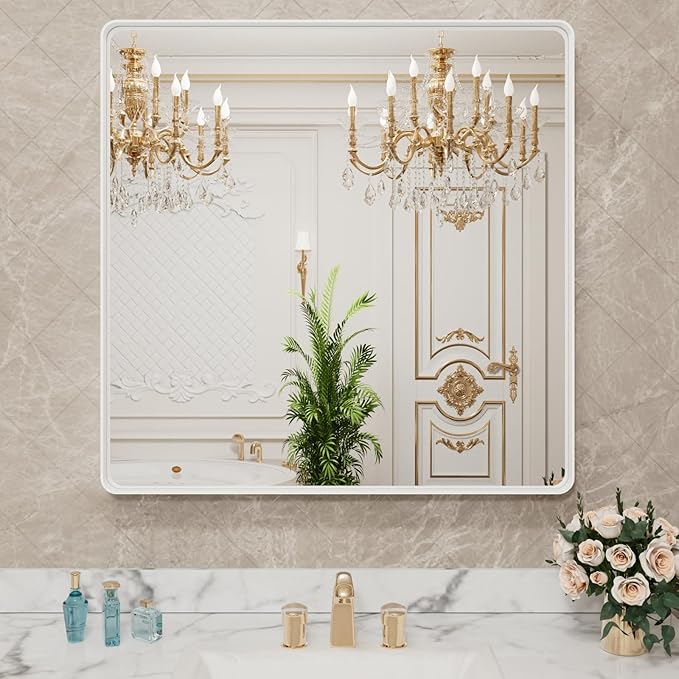 LOAAO 38x38 Inch White Metal Framed Bathroom Mirror for Wall, White Bathroom Vanity Mirror Farmhouse, Large Rounded Rectangle Mirror, Anti-Rust, Tempered Glass, Hangs Horizontally or Vertically