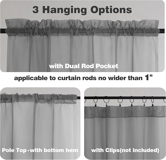 Chyhomenyc Voile Sheer Window Curtain Panels 54 Inch Long, Set of 2, Top Dual Rod Pockets Light Filtering Drapes for Small Window/Bathroom/Living Room/Bedroom, 42W x 54L inches, Charcoal Grey