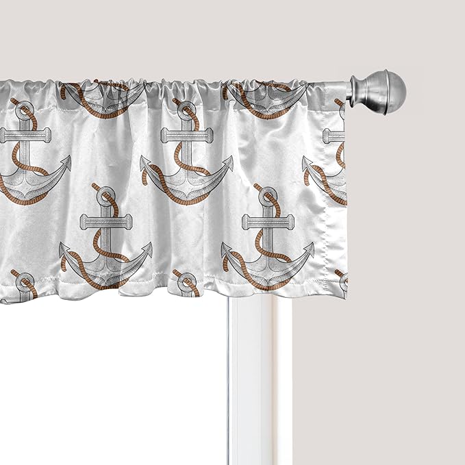 Ambesonne Vintage Nautical Tattoo Window Valance Pack of 2, Repetitive Anchor and Motif Maritime Pattern, Rod Pocket Curtain Valances for Kitchen Bedroom, 42" X 18", Pale Cinnamon Pale Grey
