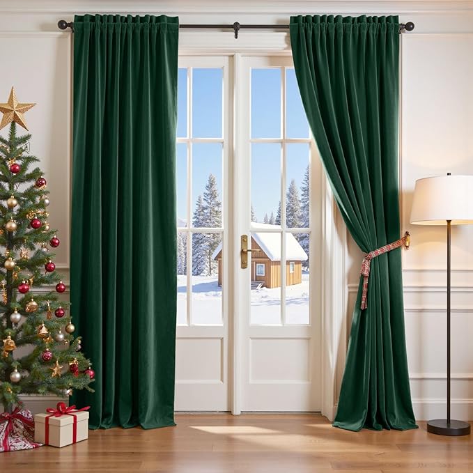 Lazzzy Velvet Blackout Curtains Thermal Insulated Room Window Drapes Super Soft Luxury Curtains for Living Room Bedroom Rod Pocket 2 Panels, Emerald Green, 62" W x 84" L