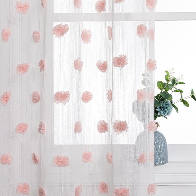 MYSKY HOME Short Curtains for Small Window 54 Inches Long Kitchen Pink Pom Pom Sheer for Bedroom Living Room Cafe Nursery Girls Kids Rod Pocket 2 Sets Boho Voile 37 x 54 in