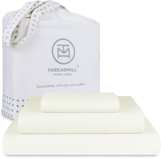 Threadmill Luxury 800 Thread Count Twin 100% Cotton Sheets - Ivory Sateen Weave Bed-Sheets, Better Than Egyptian Cotton,3 Pc Solid Soft Bedding Set, Fits 15" Deep Pocket