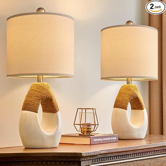 OYEARS Boho Table Lamps Bedroom Living Room Set 2 Small Farmhouse Rattan Table Lamp 19”Rustic Home Decoration Nightstand Bedside Lamp for Office Compatible with Smart Light Bulbs(Not Include Bulbs)