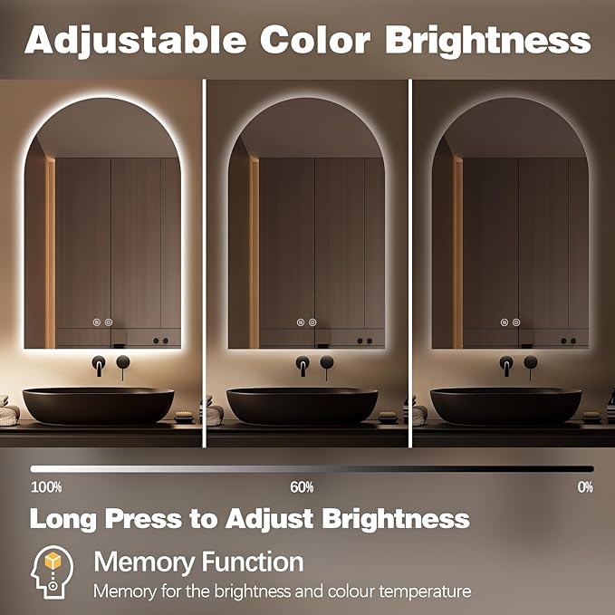Niccy Arched LED Bathroom Mirror, 48x30 Inch Arch Frameless Backlit Mirrors for Wall Arched Lighted Vanity Mirrors Defogger and 3 Color, Explosion-Proof, HD Glass and IP65 Waterproof