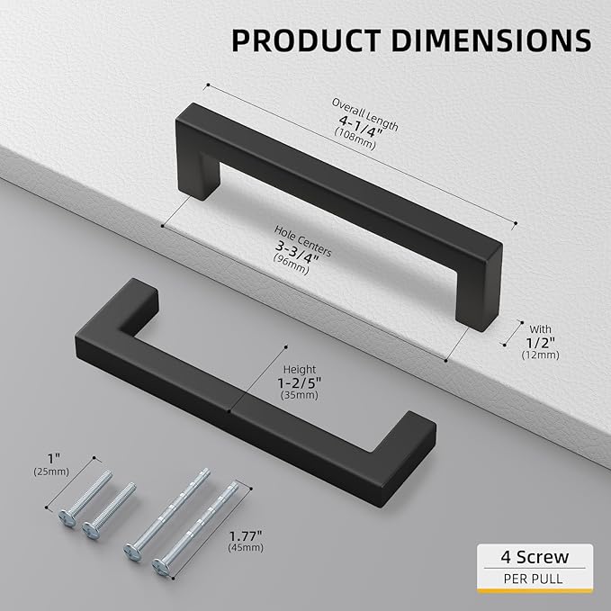 Goldenwarm 1 Pack Black Square Bar Cabinet Pull Drawer Handle Stainless Steel Modern Hardware for Kitchen and Bathroom Cabinets Cupboard,Center to Center 3-3/4in (96mm)