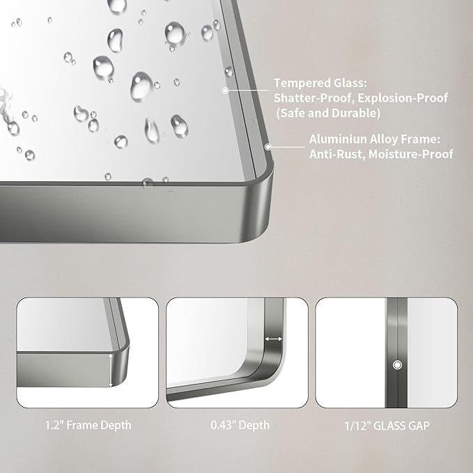 LOAAO 20X30 Inch Brushed Nickel Bathroom Mirror, Rounded Rectangle Silver Metal Frame Mirror, Brushed Nickel, Anti-Rust, Shatter Proof, Hangs Horizontally or Vertically