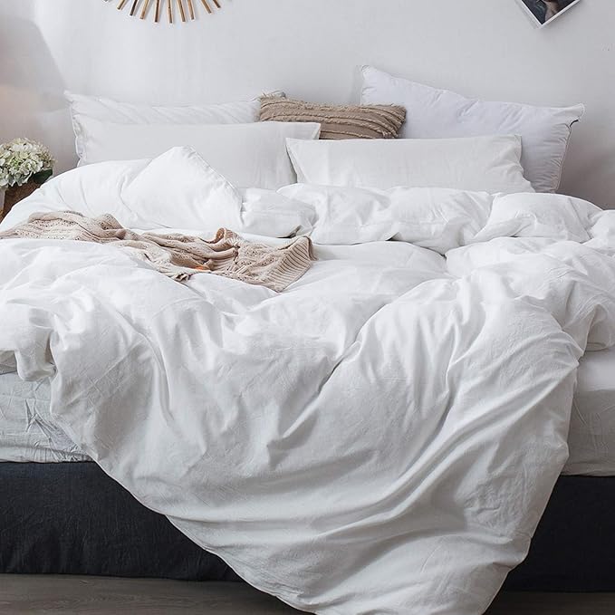 MooMee Bedding Duvet Cover Set 100% Washed Cotton Linen Like Textured Breathable Durable Soft Comfy (Solid Off White, Cal King 104"x98")