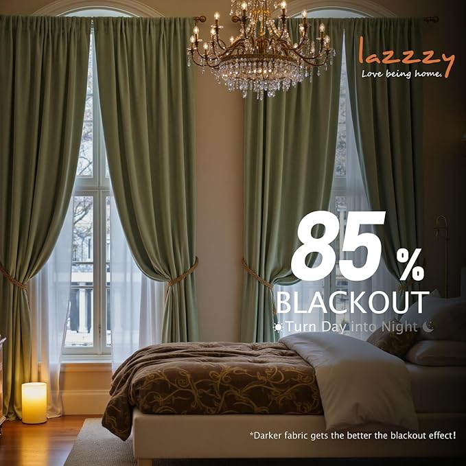 Lazzzy Velvet Blackout Curtains Thermal Insulated Room Window Drapes Super Soft Luxury Curtains for Living Room Bedroom Rod Pocket 2 Panels, Olive Sage, 52" W x 96" L