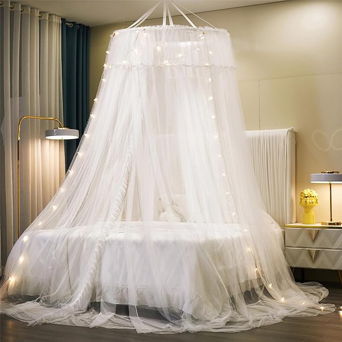 VETHIN Princess Bed Canopy for Girls Double Layer Sheer Mesh Dome Elegant Lace Mosquito Net Bed Curtain for Full Queen King Bed with led Stars String Lights(White/White)
