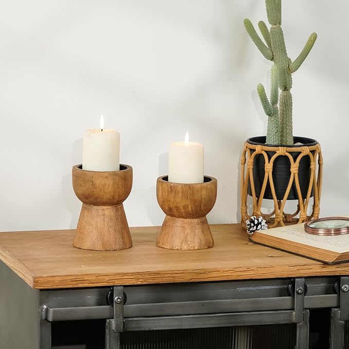 NIKKY HOME Farmhouse Wooden Candle Holders Set of 2, Rusitc Solid Wood Pillar Candlesticks Pedestal, Fireplace Mantle Table Centerpiece Decor, Brown
