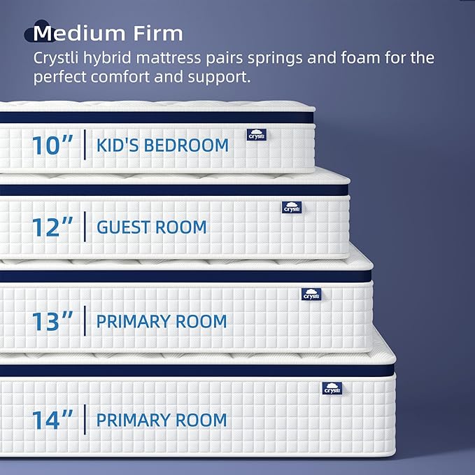 Crystli Queen Mattress 14 Inch - Hybrid Mattress Bed in a Box, Medium Firm Support, Pressure & Pain Relief for All Sleepers, CertiPUR-US Certified, Reinforced Edge Support, Motion Isolation