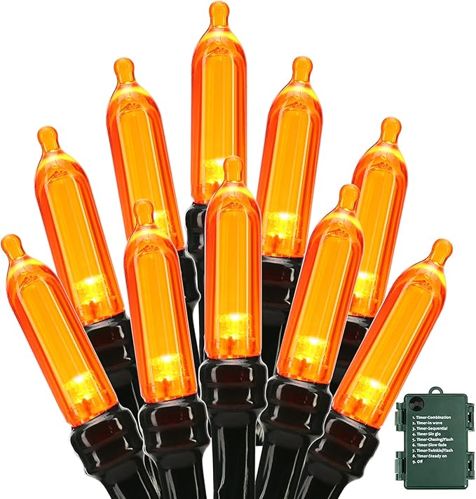 BrizLabs Orange Halloween Lights, 33ft 100 LED Battery Halloween Lights, 8 Modes Orange String Light with Timer, Indoor Outdoor Battery Light String for Party Xmas Thanksgiving Bedroom Patio Decor