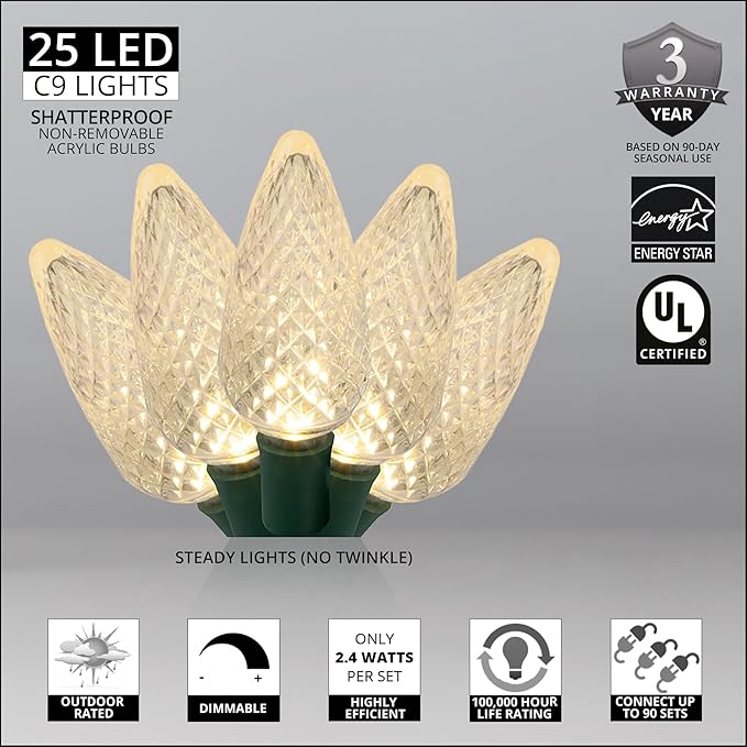 Wintergreen Lighting 25 C9 Warm White LED Christmas Lights, 17 Ft – Indoor Outdoor C9 String Lights, Classic White Christmas Lights