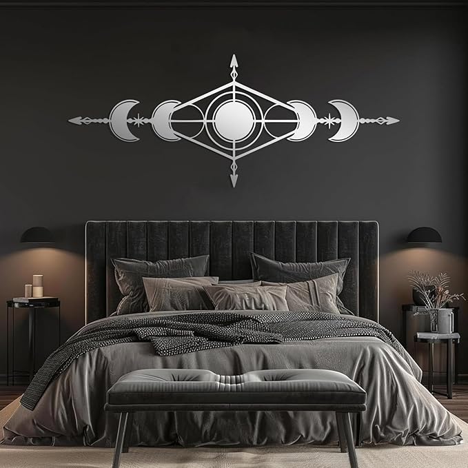 Hfrolixit Moon Phase Metal Wall Decor, Boho Moon Metal Wall Art, Celestial Wall Decor, Scandinavian Natural Wall Art, Astrology Wall Hanging (Silver, 35"x14"/90x36cm)