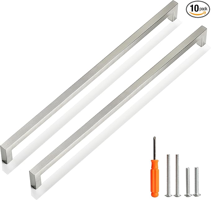 Cabinet Pulls Brushed Nickel Cabinet Handles Square Drawer Pulls, 10 Pack 15 Inch Stainless Steel Kitchen Door Cupboard Cabinet Handles, Cabinet Hardware Drawer Handles, 384mm Hole Centers