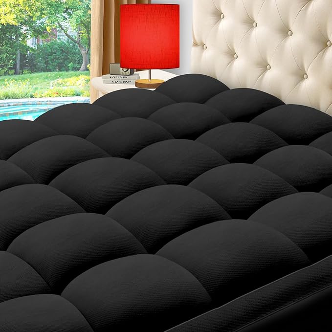 ELEMUSE Twin Black Cooling Bamboo Viscose Mattress Topper for Back Pain, Extra Thick Mattress Pad Cover, Plush Soft Pillowtop with Elastic Deep Pocket, Overfilled Down Alternative Filling