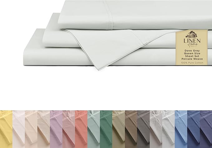 Linen Home 100% Cotton Percale Sheets Queen Size, Dove Grey, Deep Pocket, 4 Pieces Set - 1 Flat, 1 Deep Pocket Fitted Sheet and 2 Pillowcases, Crisp Cool and Strong Bed Linen