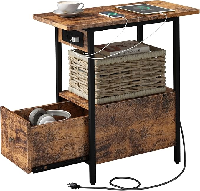 LIDYUK End Table with Charging Station, Narrow Side Table with Drawer and USB Ports & Power Outlets, Nightstand Bedside Tables for Small Spaces, Bedroom, Living Room, Rustic Brown