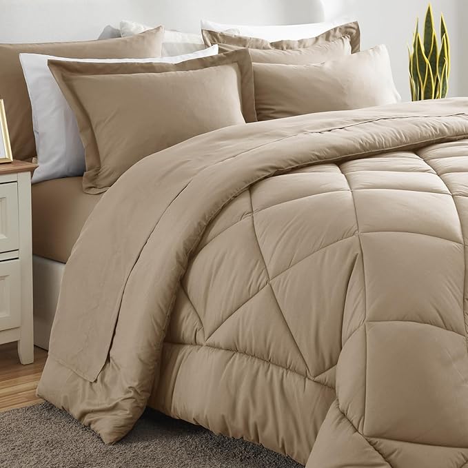 CozyLux Queen Comforter Set Taupe - Bed in a Bag Queen Size 7 Pieces, Luxury Soft Bed Set for All Seasons, Bedding Set with Down Alternative Comforter, Sheets, Pillowcases & Shams