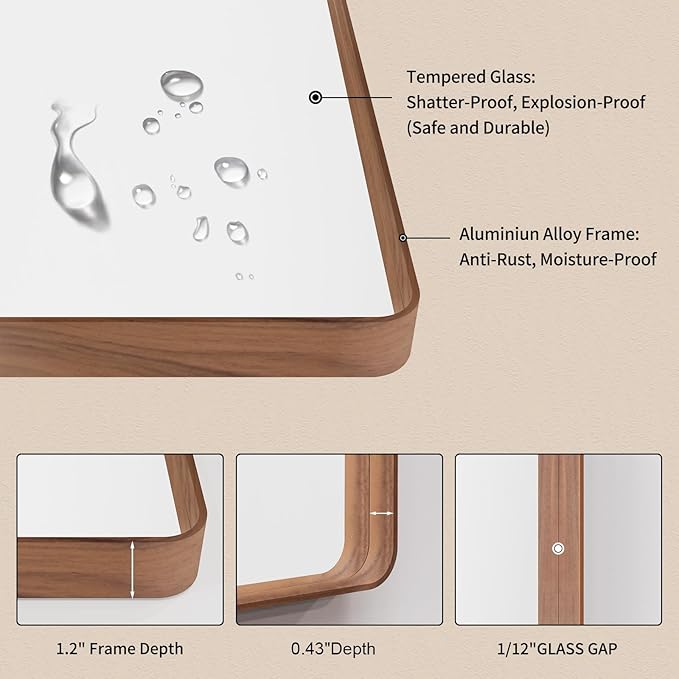 LOAAO 40X24 Inch Bathroom Mirror with Wood Grain Colored Metal Frame, Rounded Rectangle Metal Framed Bathroom Mirror, Anti-Rust, Hangs Horizontally or Vertically
