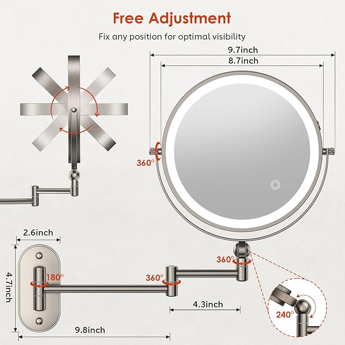 9" Wall Mounted Lighted Makeup Mirror,4000mAh Rechargeable Double Sided 1X/30X Magnifying Mirror with Light,Touch Dimmable,Extended Arm 360 Rotation Wall Mounted Makeup Mirror 3 Color Lights-N