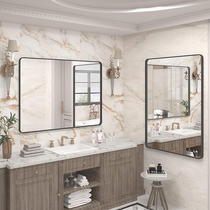 44x30 Inch Black Metal Framed Bathrrom Mirror for Wall, Black Rounded Rectangle Mirror, Matte Black Bathroom Vanity Mirror, Anti-Rust, Tempered Glass, Hangs Horizontally or Vertically