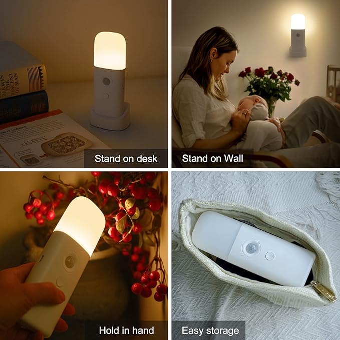 YELKO Rechargeable Motion Sensor Night Light, Battery Operated nightlights, Dimmable Motion Sensor Light Indoor, Cordless Motion Activated Night Lights for Adults, Hallway (Cool White 4Pack)