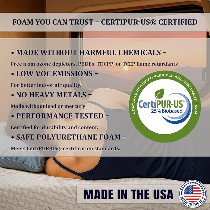 Foamma 8” x 30” x 72” Truck, Camper, RV High-Density Bunk Mattress, Washable Organic Cotton Cover, Made in USA, Comfortable, Travel Trailer, CertiPUR-US Certified