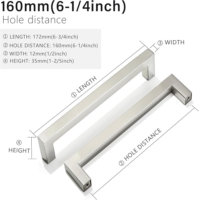 Cabinet Pulls Brushed Nickel Cabinet Handles Square Drawer Pulls, 10 Pack 6-1/4 Inch Stainless Steel Kitchen Door Cupboard Cabinet Handles, Cabinet Hardware Drawer Handles, 160mm Hole Centers