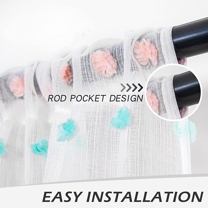 MYSKY HOME Curtains for Living Room 84 Inch Long Rainbow Pom Pom Curtains for Bedroom Sheer Curtains for Nursery Windows Rod Pocket Privacy Drapes Dining Room 38" x 84" 2 Panels