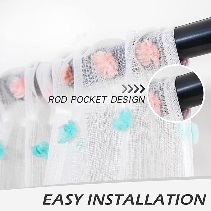 MYSKY HOME Short Curtains for Bedroom Rainbow Pom Pom Sheer Curtains Kitchen Bathroom 54 Inches Long Curtains Nursery Boys Kids Room Rod Pocket 2 Panels Small Window 38" x 54"