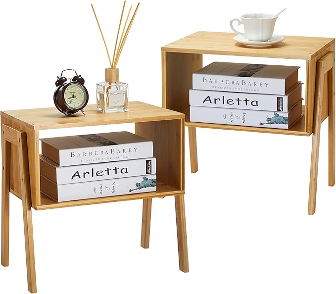 Pipishell Bamboo Stackable End Tables, Wood Living Room Nightstand, Bedside Tables for Bedroom Storage, Set of 2