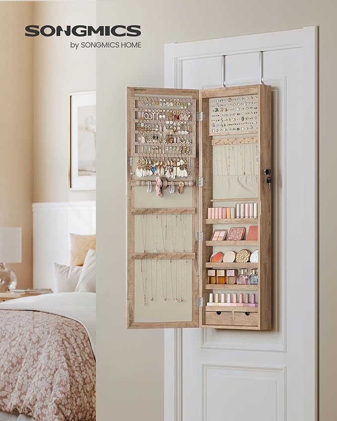 SONGMICS 6 LEDs Mirror Jewelry Cabinet, 47.2-Inch Tall Lockable Wall or Door Mounted Jewelry Armoire Organizer with Mirror, 2 Drawers, Christmas Gift, 3.9 x 14.6 x 47.2 Inches, Toasted Oak Color