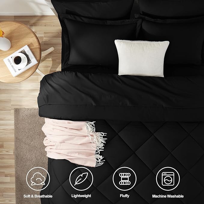 CozyLux Queen Comforter Set Black - Bed in a Bag Queen Size 7 Pieces, Luxury Soft Bed Set for All Seasons, Bedding Set with Down Alternative Comforter, Sheets, Pillowcases & Shams