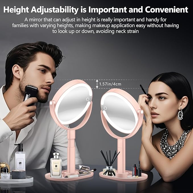 MIYADIVA Makeup Mirror with Lights, 20X Magnifying Mirror with Light and Touch Switch, Vanity Mirror with 3 Color Light and 80 LEDs, Height Adjustable Desk Mirror with Light, Pink