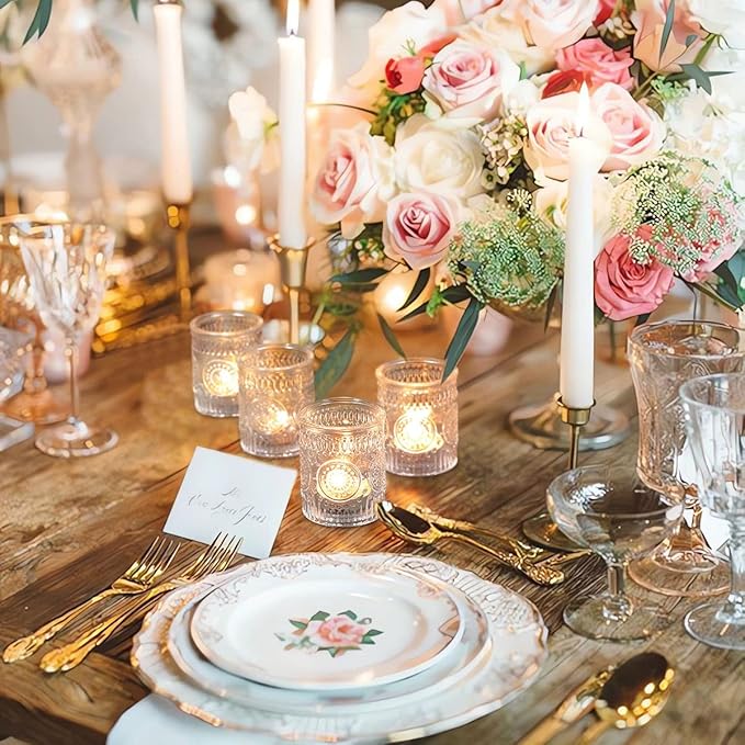 DEVI 24pcs Clear Glass Votive Candle Holders, Vintage Candle Holder for Votives&Tea Lights&Floating Candles, Wedding Decorations for Receptions, Valentine Wedding Centerpieces Table Decoration
