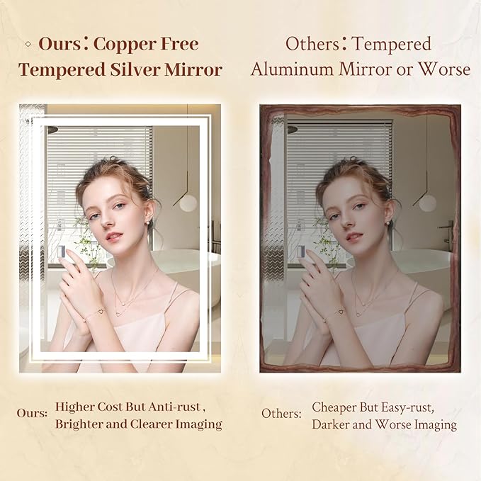 20x30 LED Mirror for Bathroom with Front and Backlit Light Up Digital Mirrors for Wall,Anti Fog,Stepless Dimmable,Tempered Silver Glass Smart Vanity Mirror for Bathroom