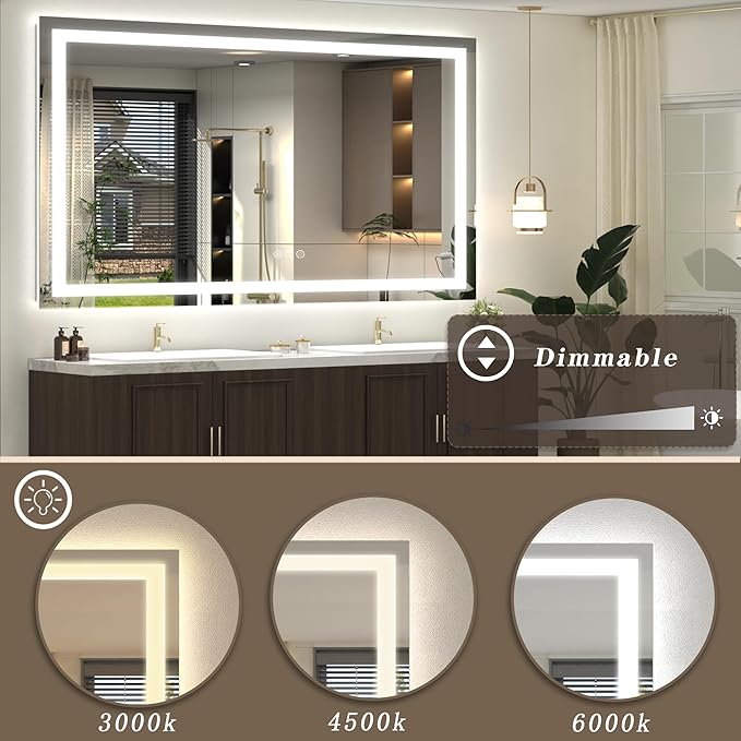 LED Bathroom Mirror for Wall 60x38, Large Lighted Vanity Mirror with Lights, Dimmable, Anti-Fog, Shatter-Proof, ETL Listed (Front + Backlit)