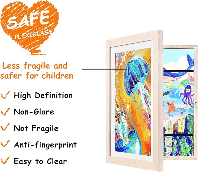 KINLINK 10x12.5 Kids Art Frames Set of 2, Solid Wood Kids Artwork Frames Changeable with Acrylic Front Opening Holds 150 Pictures, Art Frame for Kids Artwork with Mat or without Mat, Natural